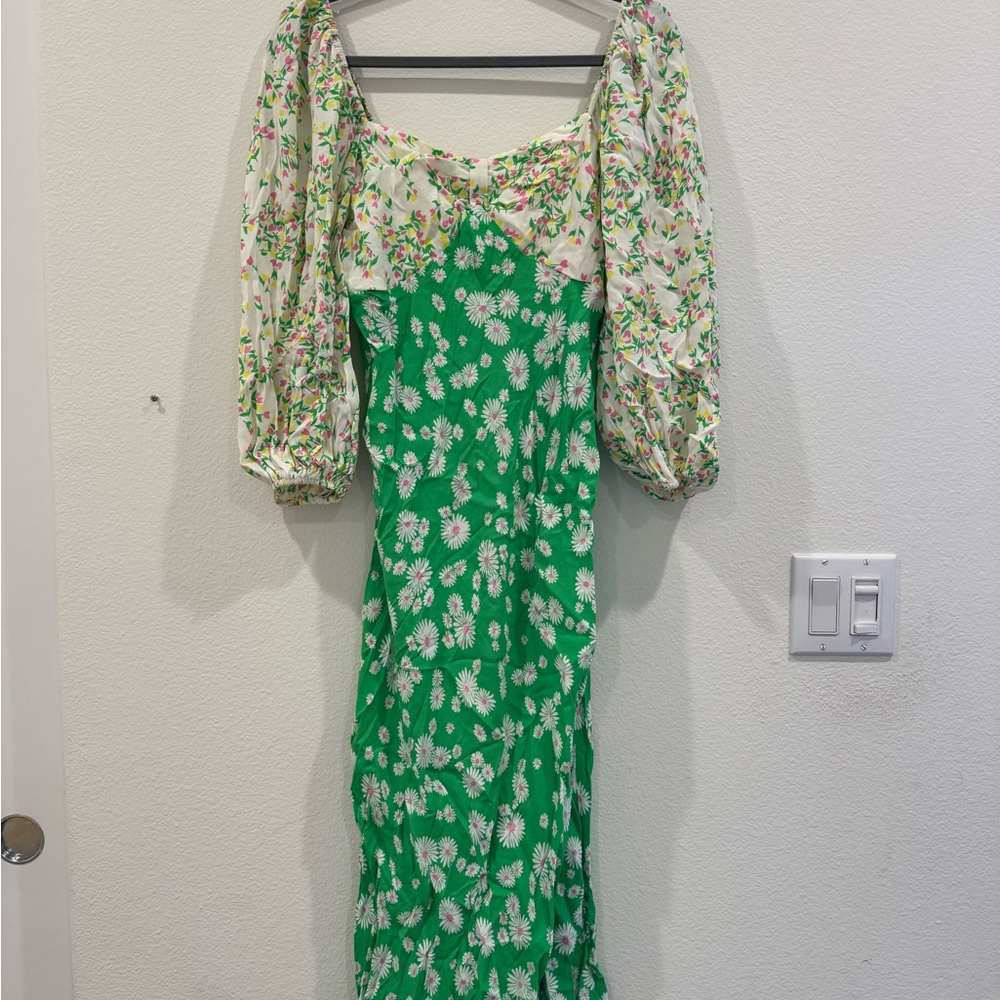 RIXO Green Floral Long Sleeve Dress